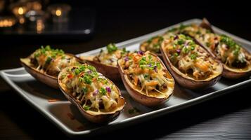 Photo of Potato Skins as a dish in a high-end restaurant. Generative AI