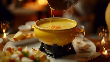 Photo of Cheese Fondue as a dish in a high-end restaurant. Generative AI