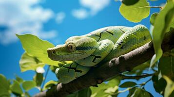 Photo of a Green Tree Python under Blue Sky. Generative AI