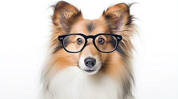 Photo of a Shetland Sheepdog dog using eyeglasses isolated on white background. Generative AI