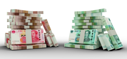 3d rendering of Stacks of 100 and 50 Chinese Yuan notes. bundles of Chinese currency notes isolated on transparent  background png