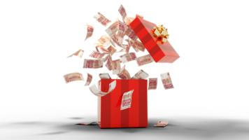 3D rendering of A lot of 100 Chinese Yuan notes coming out of an opened red gift box png