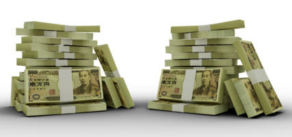 3d rendering of Stacks of 10000 Japanese yen notes. bundles of New Japanese currency notes isolated on transparent  background png