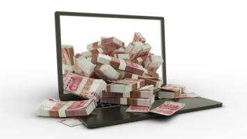 3D rendering of Chinese yuan notes coming out of a Laptop monitor isolated on transparent background. stacks of yuan notes inside a laptop. money from computer, money from laptop png