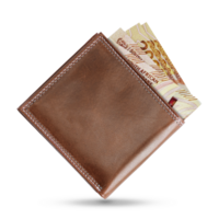 3D rendering of South African Rand notes in a brown leather wallet png