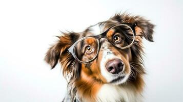 Photo of a Australian Shepherd dog using eyeglasses isolated on white background. Generative AI