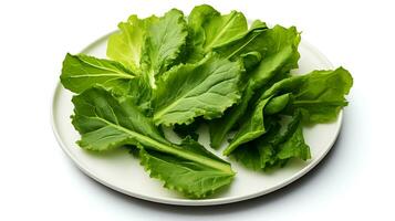 Photo of Mustard greens on plate isolated on white background. generative ai