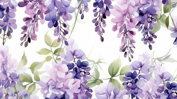 Seamless pattern of Wisteria flower in watercolor style isolated on white background. Wisteria flower texture background. Generative AI photo