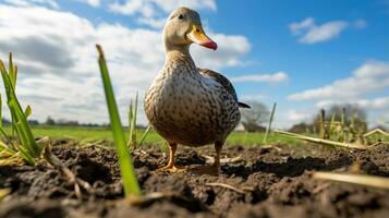 Photo of a Duck in the Farmland. Generative AI