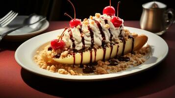 Photo of Banana Split as a dish in a high-end restaurant. Generative AI