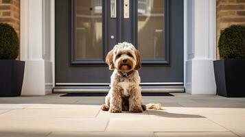 Photo of A loyal dog patiently awaits its owner's return by the front door. Generative AI