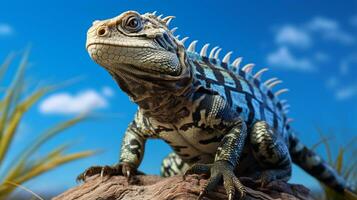 Photo of a Tegu Lizard under Blue Sky. Generative AI