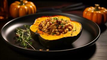 Photo of Stuffed Acorn Squash as a dish in a high-end restaurant. Generative AI