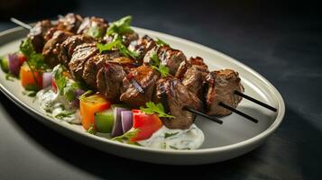 Photo of Lamb Kebabs with Yogurt Sauce as a dish in a high-end restaurant. Generative AI