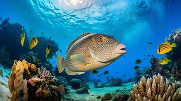 Photo of Flounder with various fish between healthy coral reefs in the blue ocean. Generative AI