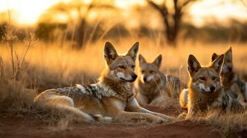 Photo of a herd of Jackal resting in an open area on the Savanna. Generative AI