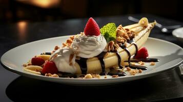 Photo of Banana Split as a dish in a high-end restaurant. Generative AI