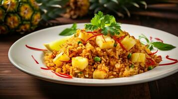 Photo of Pineapple Fried Rice as a dish in a high-end restaurant. Generative AI