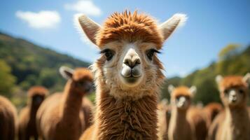 de cerca foto de un alpaca mirando ninguna dirección. generativo ai