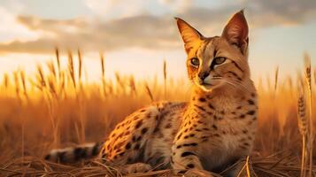 Photo of Serval on savanna at sunset. Generative AI