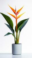 Photo of Bird of Paradise flower in pot isolated on white background. Generative AI