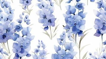 Seamless pattern of Delphinium flower in watercolor style isolated on white background. Delphinium flower texture background. Generative AI photo