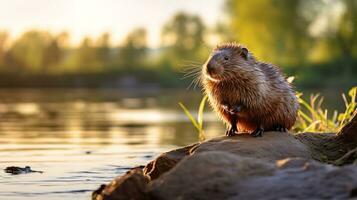 Close-up photo of a Muskrat looking in their habitat. Generative AI