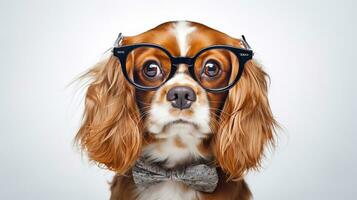 Photo of a Cavalier King Charles Spaniel dog using eyeglasses isolated on white background. Generative AI