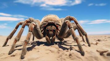 Photo of a Desert Tarantula in a Desert with blue sky. Generative AI