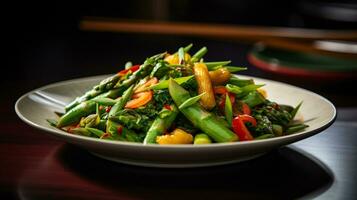 foto de primavera vegetal Salteado como un plato en un gama alta restaurante. generativo ai