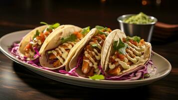 Photo of Grilled Fish Tacos as a dish in a high-end restaurant. Generative AI