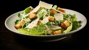 Photo of Classic Caesar Salad as a dish in a high-end restaurant. Generative AI