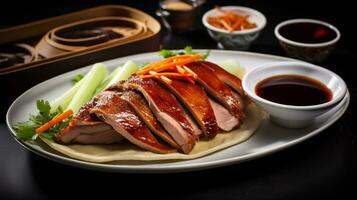 Photo of Peking Duck as a dish in a high-end restaurant. Generative AI