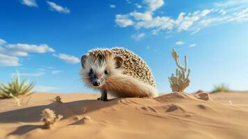 Photo of a Desert Hedgehog in a Desert with blue sky. Generative AI