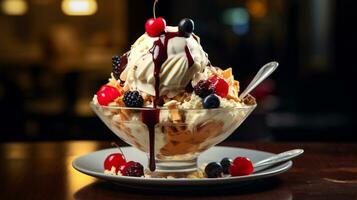 foto de hielo crema helado con frutas y nueces como un plato en un gama alta restaurante. generativo ai