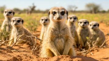 Photo of a herd of Meerkat resting in an open area on the Savanna. Generative AI