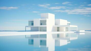 Modern architecture, white building with blue sky background. 3d render. Generative AI photo