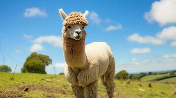 Photo of a Alpaca in the Farmland. Generative AI