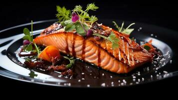 Photo of Grilled Salmon as a dish in a high-end restaurant. Generative AI