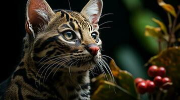 de cerca foto de un ocelote mirando ninguna dirección en selva. generativo ai