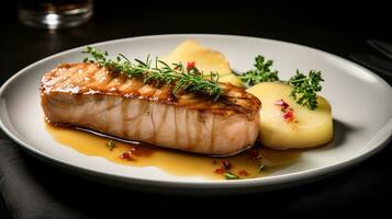 Photo of Pork Loin with Apple Sauce as a dish in a high-end restaurant. Generative AI