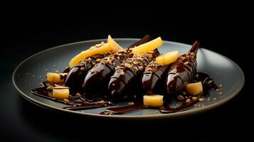 Photo of Chocolate Dipped Bananas as a dish in a high-end restaurant. Generative AI