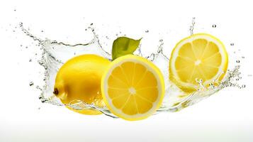 Photo of Fresh Lemon Slices with Water Splashes isolated on white background. generative ai