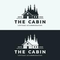 Vintage rustic cabin or cottage logo template design with forest and mountain view. vector