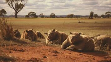 Photo of a herd of Wombat resting in an open area on the Savanna. Generative AI