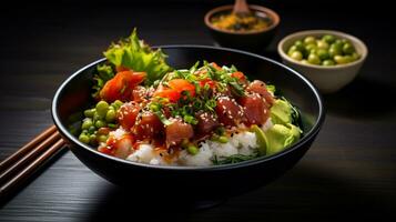Photo of Tuna Poke Bowl as a dish in a high-end restaurant. Generative AI