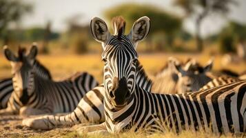 Photo of a herd of Zebra resting in an open area on the Savanna. Generative AI