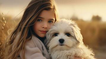 selfie foto de un pequeño chico con su perro . generativo ai