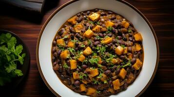 Photo of Plantain and Black Bean Stew as a dish in a high-end restaurant. Generative AI