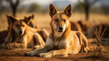 Photo of a herd of Dingo resting in an open area on the Savanna. Generative AI